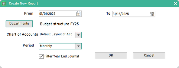 ProudNumbers screen to choose date range, chart of accounts, and reporting period for divisional management reports